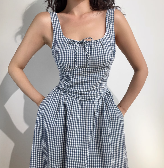 Retro Square Neck Striped Lace up Women Vacation Dress Summer Date Dress D2055