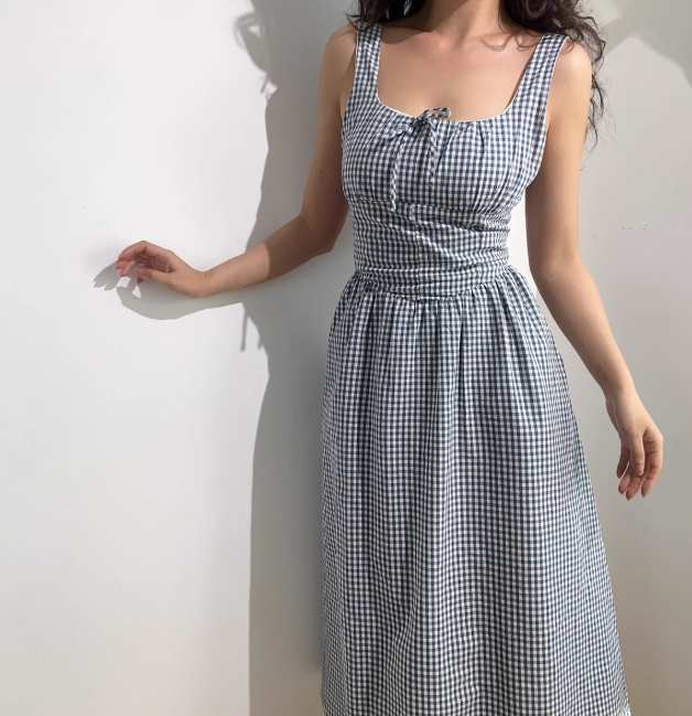 Retro Square Neck Striped Lace up Women Vacation Dress Summer Date Dress D2055