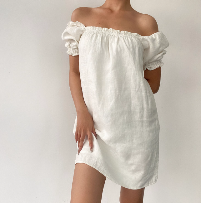 Versatile Off the Shoulder Puffed Sleeves Short Skirt Women Dress Summer Date Dress D2057