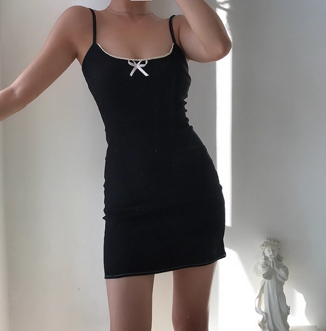 Popular Spaghetti Straps Bowknot Fitted Short Skirt Casual Wommen Summer Date Dress D2058