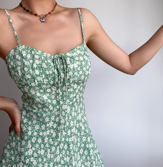 Vacation Spaghetti Straps Lace up Print Fold Short Skirt Women Summer Dress Date Dress D2061