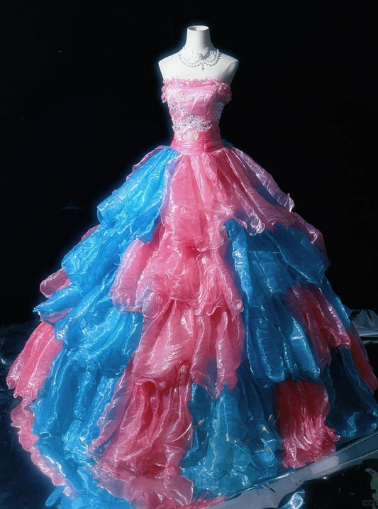 Süßes trägerloses Rüschenapplikationen Blumen Tiered Plissee Ballkleid Ballkleid Quinceanera Kleid Abendkleid D2069