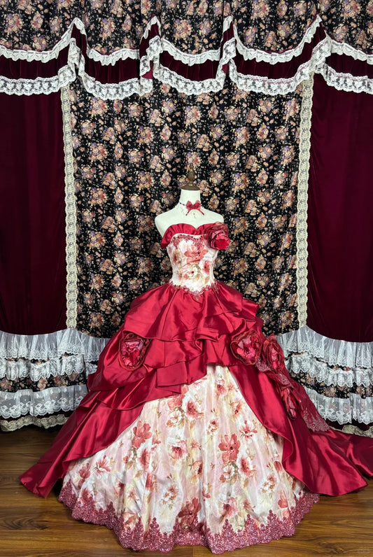 Wunderschöner herzförmiger Ausschnitt mit Blumenmuster und Kristallen, mehrstufiges, plissiertes Ballkleid, Quinceanera-Kleid, Abschlussballkleid, Abendkleid D2079