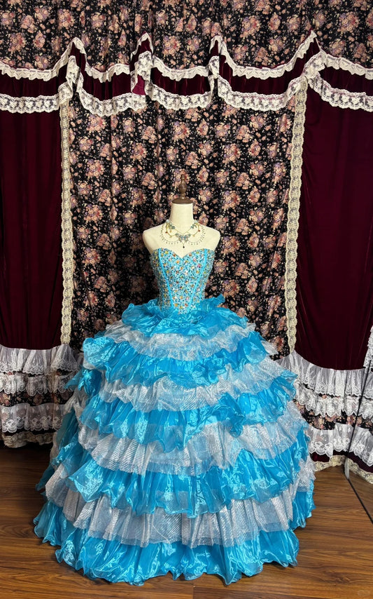 Glänzender herzförmiger Ausschnitt mit Kristallen, gestuftem Volant, Ballkleid, Abendkleid, Geburtstagspartykleid, D2089