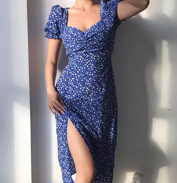 Retro Square Neckline Floral Puffed Sleeves Split Skirt Women Summer Dress Vacation Seaside Dress D2091