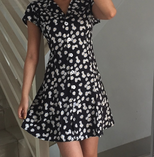 Versatile Button Flower Casual Skirt Women Summer Dress Vacation Date Dress D2102