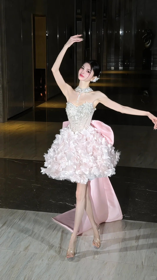 Robe de bal courte brillante à décolleté en cœur et nœud papillon, robe de soirée D2107