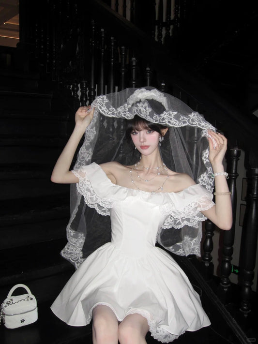 Robe de bal courte plissée en dentelle à volants et épaules dénudées, élégante, coupe trapèze, robe de soirée, robe de fête d'anniversaire, D2109