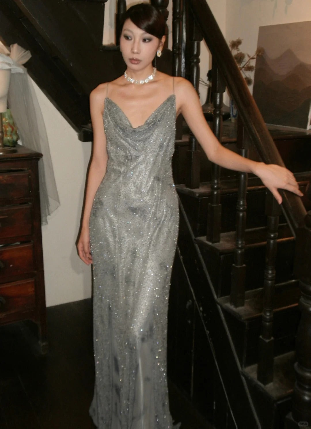 Shiny Spaghetti Straps Floor Length Prom Dress Birthday Party Dress Evening Dress D2113