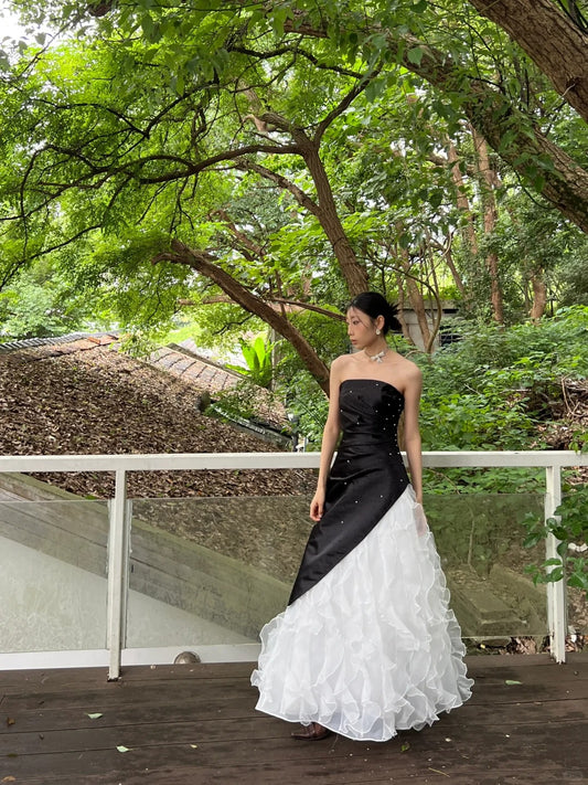 Robe de soirée sexy sans bretelles en tulle perlé à volants et plissée, tenue de bal, d'anniversaire, D2114