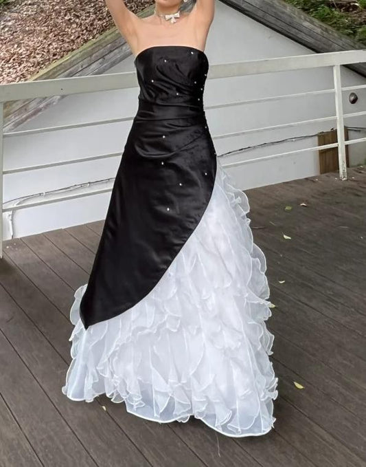 Robe de soirée sexy sans bretelles en tulle perlé à volants et plissée, tenue de bal, d'anniversaire, D2114