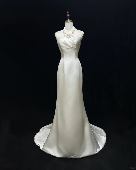 Robe de soirée élégante en satin plissé à bretelles spaghetti, longueur au sol, robe de bal, robe de fête d'anniversaire, D2116