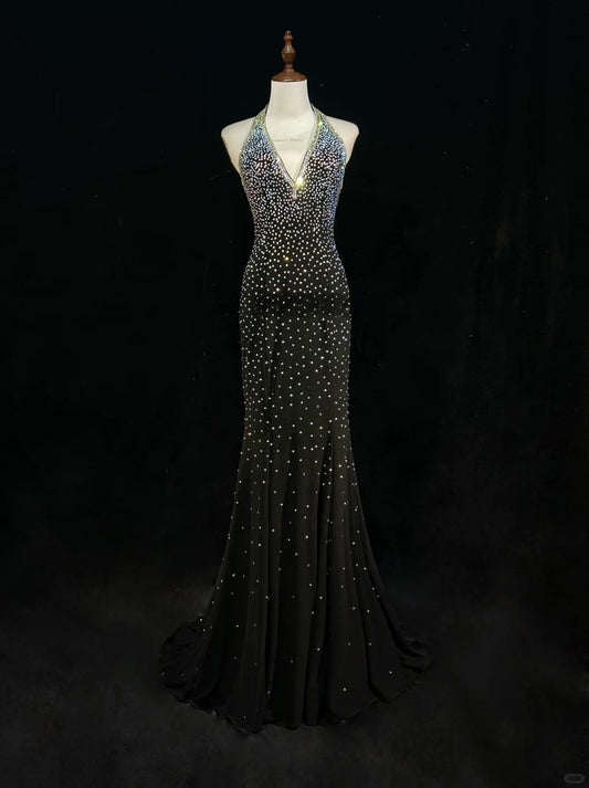 Glänzendes Neckholder-Strass-Plissee-Meerjungfrau-Abschlussballkleid Abendkleid Geburtstags-Galakleid D2121