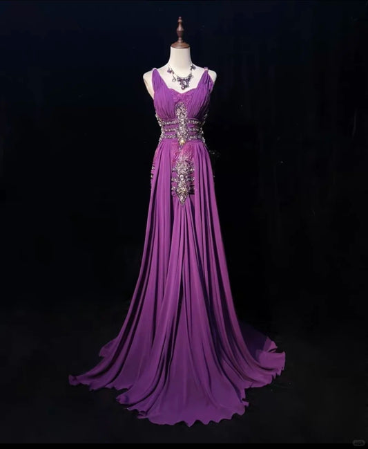 Vintage Crystal Pleated Floor Length Prom Dress Evening Dress Birthday Dress Gala Dress   D2122