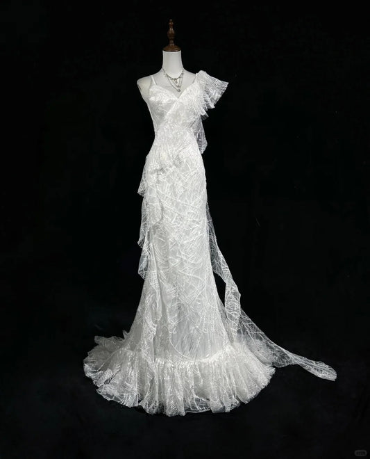 Elegantes asymmetrisches Ausschnitt Rüschen Plissee Bodenlanges Ballkleid Brautkleid Abendkleid Partykleid D2123