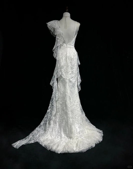 Elegantes asymmetrisches Ausschnitt Rüschen Plissee Bodenlanges Ballkleid Brautkleid Abendkleid Partykleid D2123