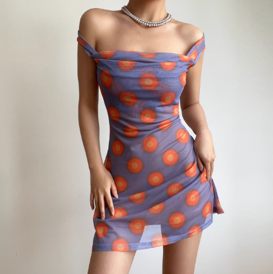 Retro Off the Shoulder Print Short Skirt Wommen Teenage Girl Summer Dress Date Dress D2134