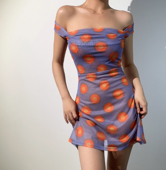 Retro Off the Shoulder Print Short Skirt Wommen Teenage Girl Summer Dress Date Dress D2134