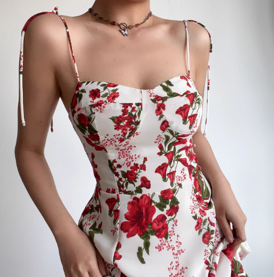 Retro Spaghetti Straps Print Flower Short Skirt Wommen Teenage Girl Summer Vacation Dress D2135