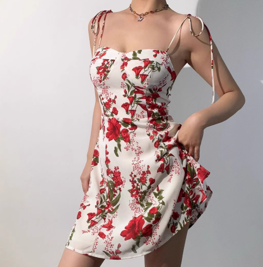 Retro Spaghetti Straps Print Flower Short Skirt Wommen Teenage Girl Summer Vacation Dress D2135