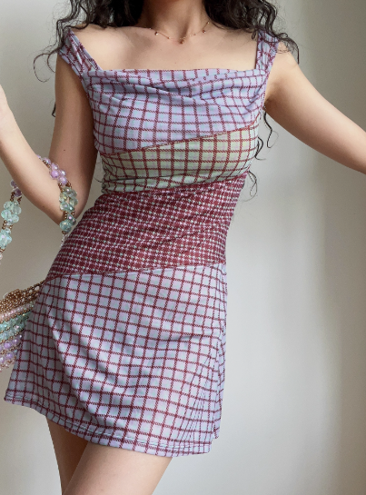 Retro Off the Shoulder Checkered Short Skirt Wommen Teenage Girl Summer Date Dress D2137