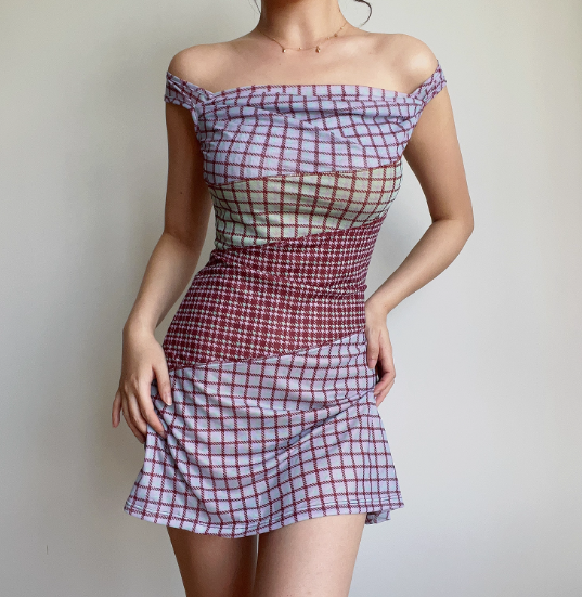 Retro Off the Shoulder Checkered Short Skirt Wommen Teenage Girl Summer Date Dress D2137