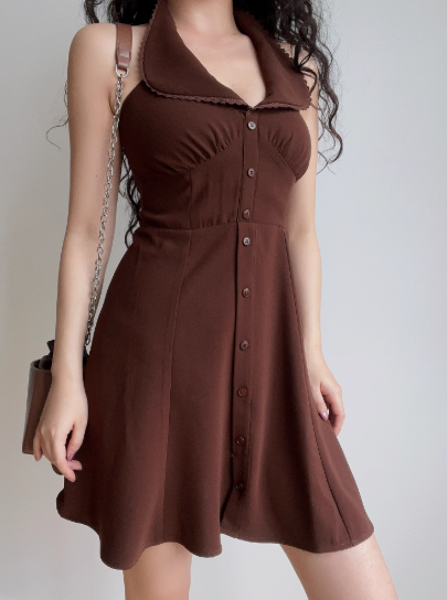 Retro A Line Halter Buttons Short Skirt Wommen Teenage Girl Summer Casual Dress D2138