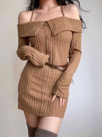 Sexy Off the Shoulder Long Sleeves Buttons Short Skirt Wommen Teenage Girl Casual Dress D2139