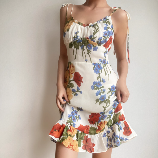 Retro Spaghetti Straps Print Ruffle Short Skirt Wommen Teenage Girl Summer Vacation Dress D2140