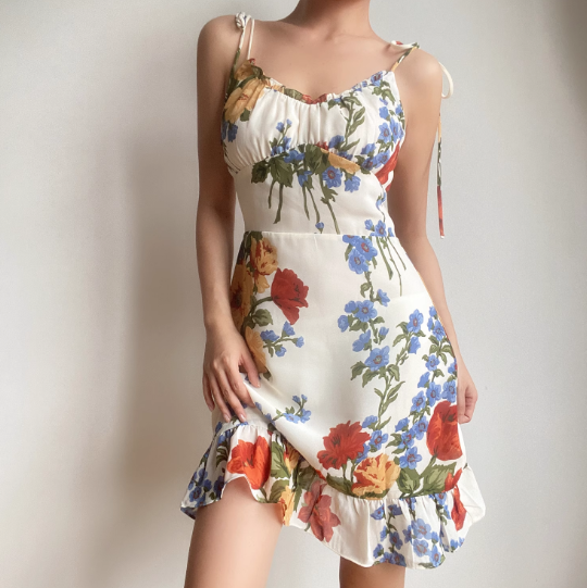 Retro Spaghetti Straps Print Ruffle Short Skirt Wommen Teenage Girl Summer Vacation Dress D2140