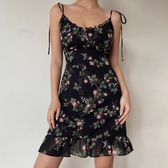 Vintage Spaghetti Straps Ruffle Print Short Skirt Wommen Teenage Girl Summer Saside Dress D2141