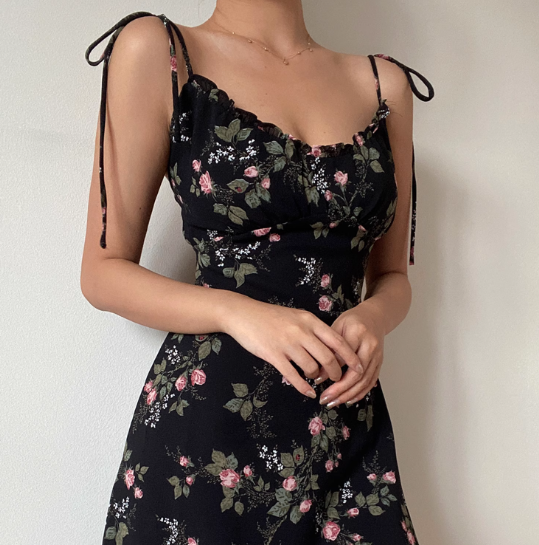 Vintage Spaghetti Straps Ruffle Print Short Skirt Wommen Teenage Girl Summer Saside Dress D2141