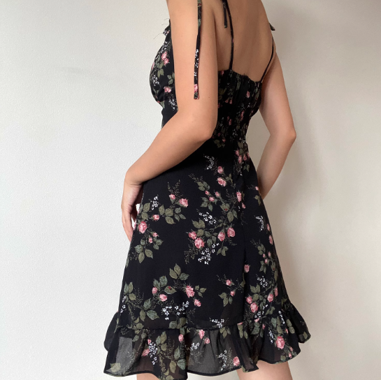 Vintage Spaghetti Straps Ruffle Print Short Skirt Wommen Teenage Girl Summer Saside Dress D2141