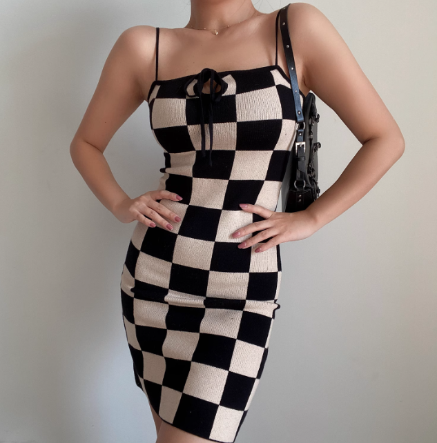 Sexy Spaghetti Straps Checkered Short Fitted Skirt Wommen Teenage Girl Summer Date Dress D2143