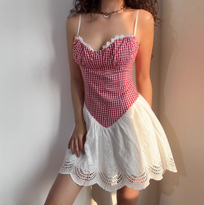 Sweet A Line Spaghetti Straps Checkered Short Skirt Women Teenage Girl Summer Vacation Dress D2148