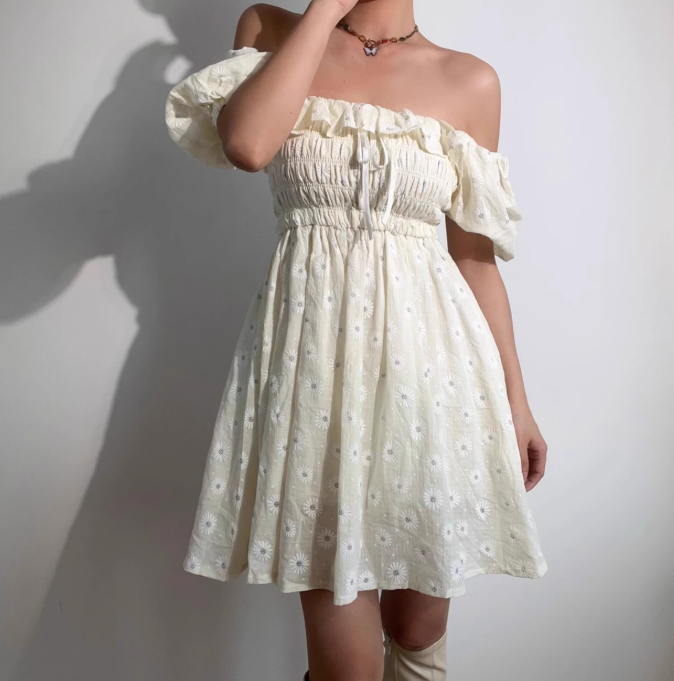 Retro Off the Shoulder Puff Sleeves Flower Short Skirt Women Teenage Girl Summer Date Dress D2150