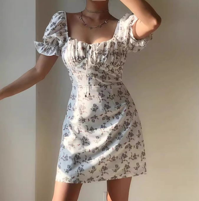 Retro Off the Shoulder Lace up Floral Short Skirt Women Teenage Girl Summer Date Dress D2151