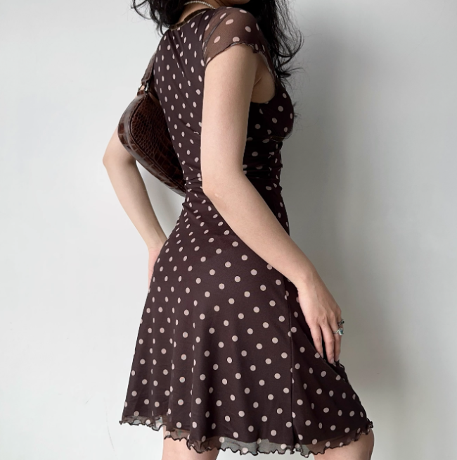 Retro A Line V-neck Polka Dot Short Fitted Skirt Women Summer Vacation Dress D2152