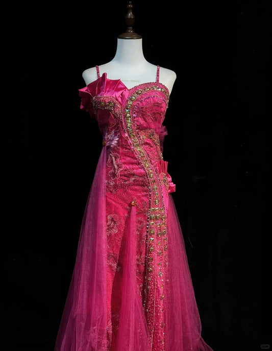 Wunderschöne Spaghettiträger Kristall Pailletten Tüll Bodenlanges Kleid Ballkleid Abendkleid D2159