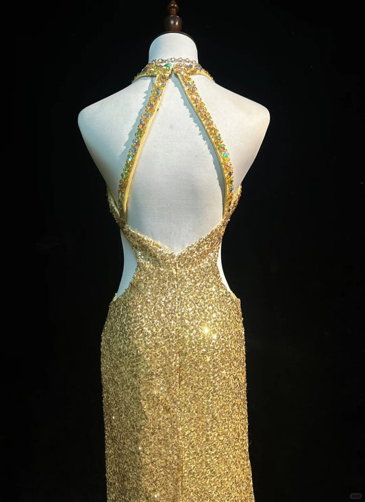 Glänzendes Neckholder-Abendkleid mit Kristallpailletten und Plissee, Galakleid D2160