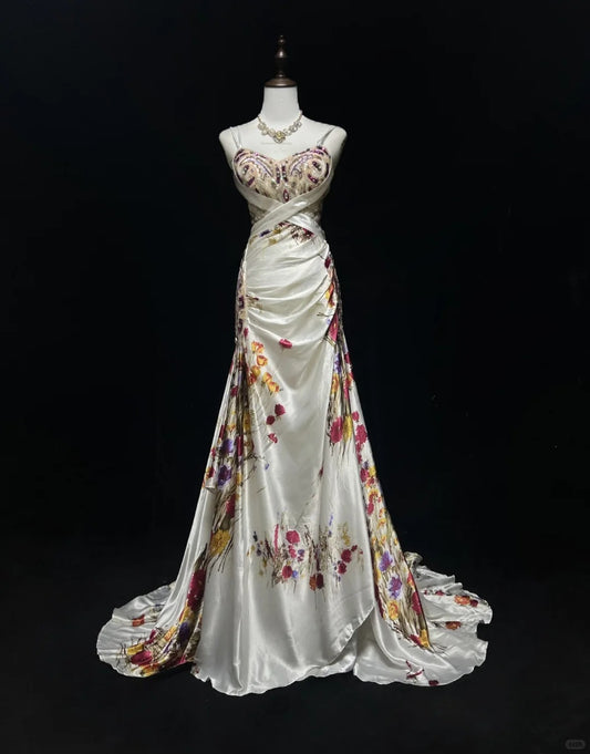 Elegantes Spaghettiträger Pailletten Print Bodenlanges Ballkleid Abendkleid Galakleid D2161
