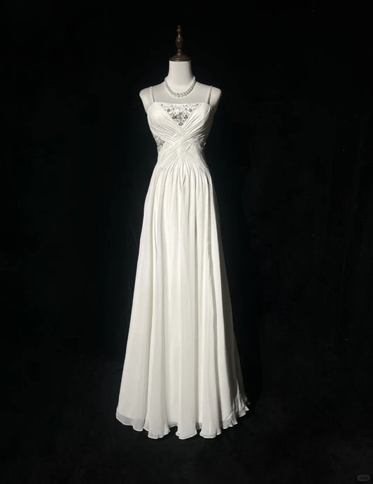 Elegantes Spaghettiträger Kristall Plissee Ballkleid Abendkleid Galakleid D2162