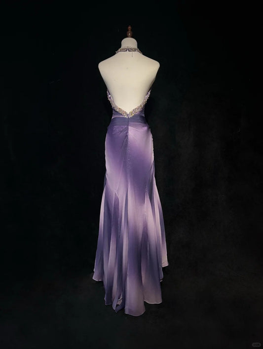 Elegantes Neckholder Kristall Rückenfreies Plissee Ballkleid Abendkleid Galakleid D2164