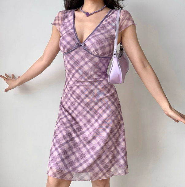 Versatile A line V-neck Checkered Short Skirt Women Teenage Girl Summer Date Dress D2169