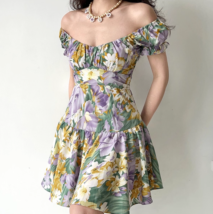 Pretty Square Neck Print Pleated Short Date Skirt Women Teenage Girl Summer Vacation Dress D2171