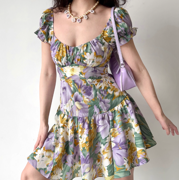 Pretty Square Neck Print Pleated Short Date Skirt Women Teenage Girl Summer Vacation Dress D2171