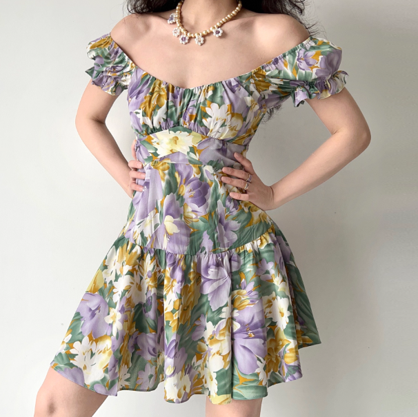 Pretty Square Neck Print Pleated Short Date Skirt Women Teenage Girl Summer Vacation Dress D2171