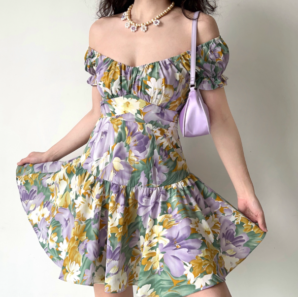 Pretty Square Neck Print Pleated Short Date Skirt Women Teenage Girl Summer Vacation Dress D2171