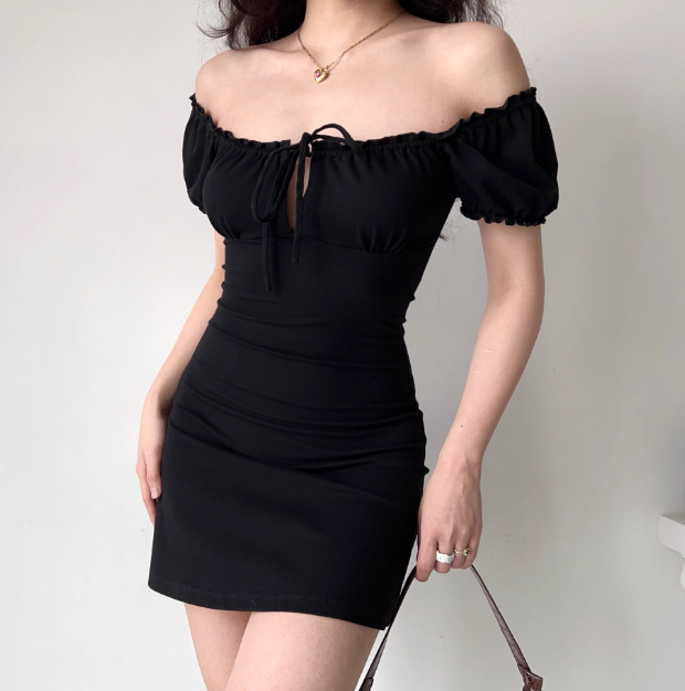 Casual Black Square Neck Lace-up Ruffle Short Date Skirt Women Teenage Girl Summer Vacation Dress D2172