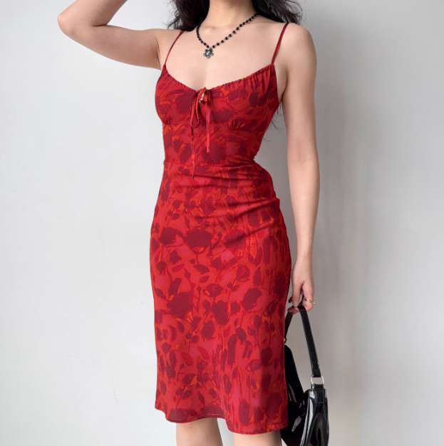 Vacation Spaghetti Straps Lace-up Print Short Date Skirt Women Teenage Girl Summer Seaside Dress D2173